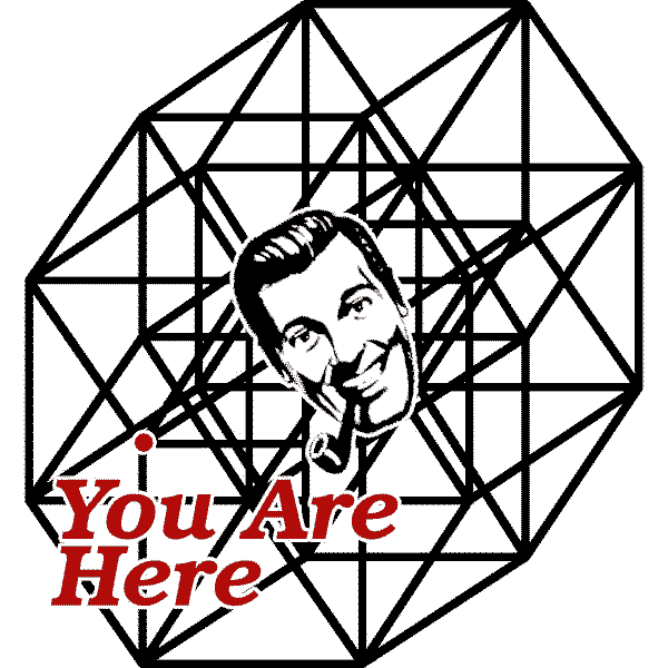 A five-dimensional hypercube in wireframe with Dobbshead at at the center, and helpful 'You are here' indicator.