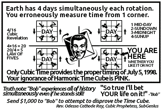A graphic which attempts to explain how the Time Cube works.  It reads: 'Earth has 4 days simultaneously each rotation. You erroneously measure time from 1 corner. Truth note: Bob experiences 1 day even if he stands still - and 4 days with FROP. Send $1,000 to Bob to attempt to disprove the Time Cube.' It is signed Rev. Odessa Cathode Ray, Cubic Prophetess, SubGenius.