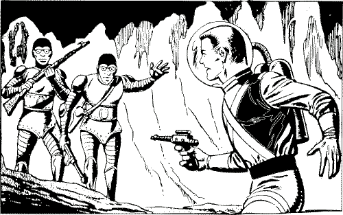 A black and white retro sci-fi scene which also happens to be a realistic depiction of a pink boy being relentlessly hunted by X-ists.  Interior of a cave, stalactites hanging down from the ceiling.  On the left, two sinister-looking creatures in retro-futuristic armor and iron underpants carry rifles.  One of them appears to be gesturing to a human man on the right, who is wearing a comparably flimsy retro space suit, complete with a spherical clear helmet and oxygen tanks, holding a ray-gun pistol in a feeble attempt to delay his inevitable demise.  Trippy swirly colors overlay the whole scene.
